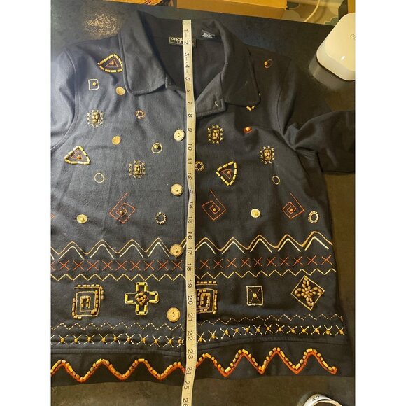 Onque Casuals Beaded Decorated Black Long Sleeve Button Down Top Sz M - Picture 7 of 8